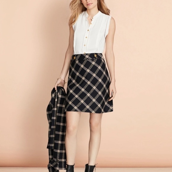 Brooks BrothersRed Fleece Navy Blue Windowpane Boucle Wool Skirt